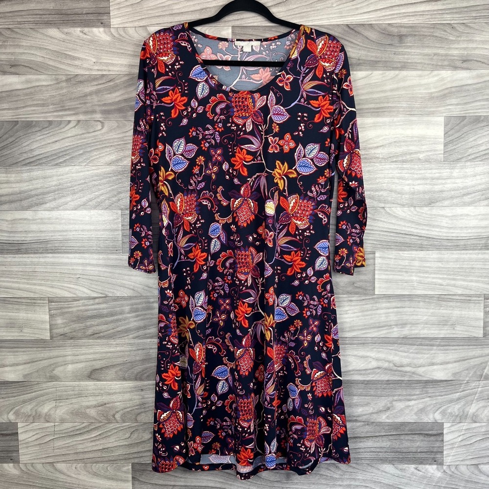 Sunny Leigh Dress Women's Large Multicolor Floral Stretch Round Neck Career Boho